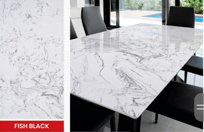 Marble countertops with black and white marble patterns.