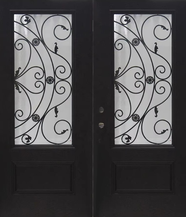 Black Double Entry Door with Wrought Iron and Frosted Glass