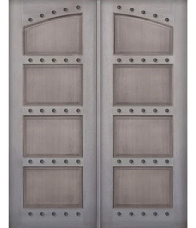 4-Panel Double Arch Mahogany Doors with Decorative Clavos – 96″ Entry Pair