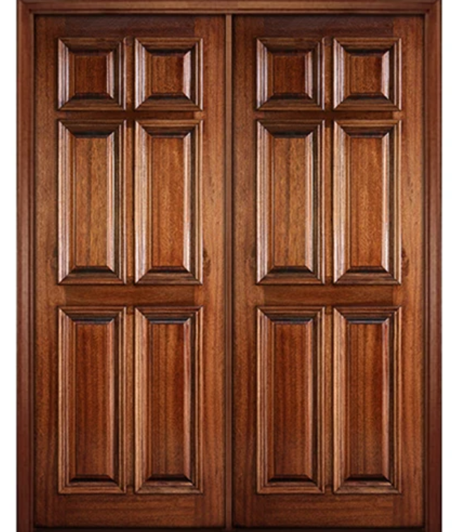 96″ Tall 6-Panel Solid Mahogany Double Doors with Raised Moulding