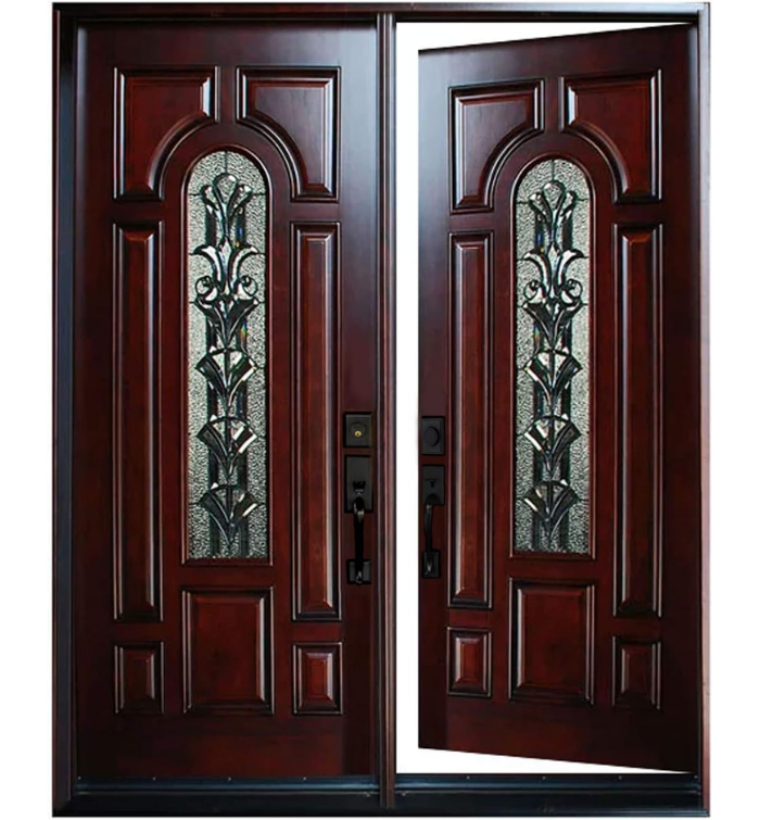 Mahogany Wood Double Entry Doors with Decorative Glass – Prehung Outdoor Front Doors