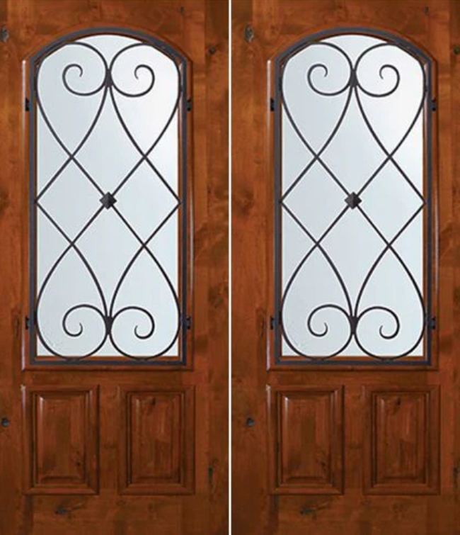 6'-8" Tall Knotty Alder Arch Lite Double Doors with Charleston Wrought Iron Grille
