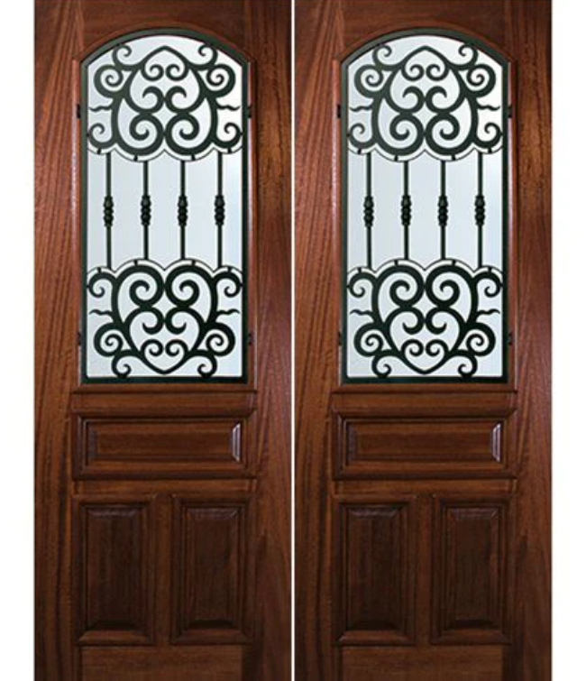 8'-0" Tall Mahogany Arch Lite Double Doors with Barcelona Wrought Iron Grille