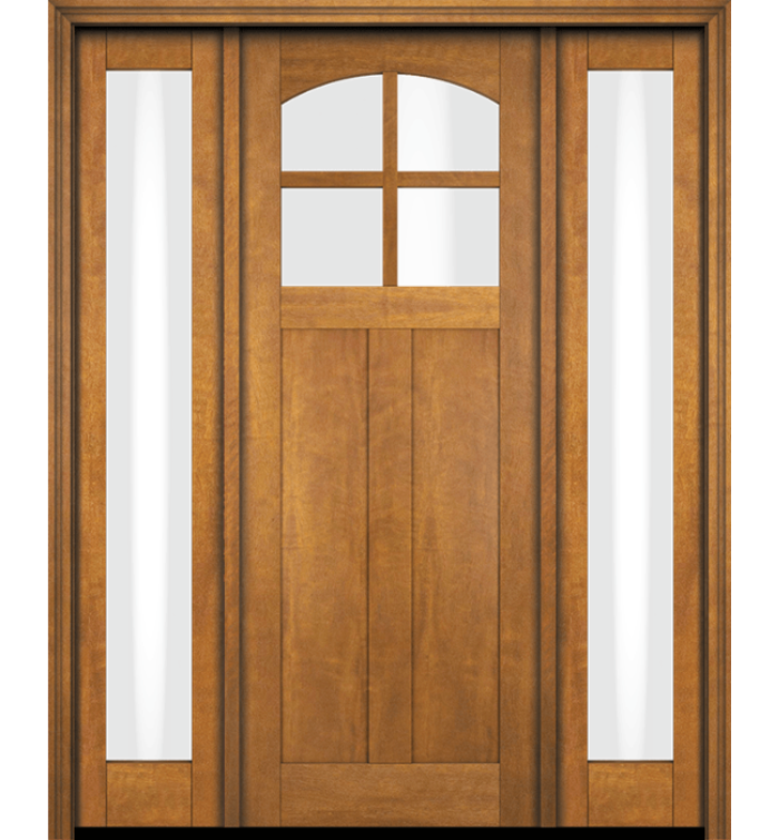 Elegant Craftsman Shaker style with arched top lite and two sidelites Constructed from mahogany veneer over engineered wood core for resilience and premium look Designed as a single exterior slab with sidelites, perfect for grand entryways 1-3/4″ thick—engineered for durability and exterior performance