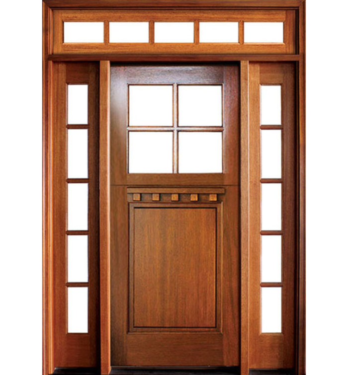 Craftsman Mahogany 4-Lite Door with Two Sidelites and Rectangular Transom