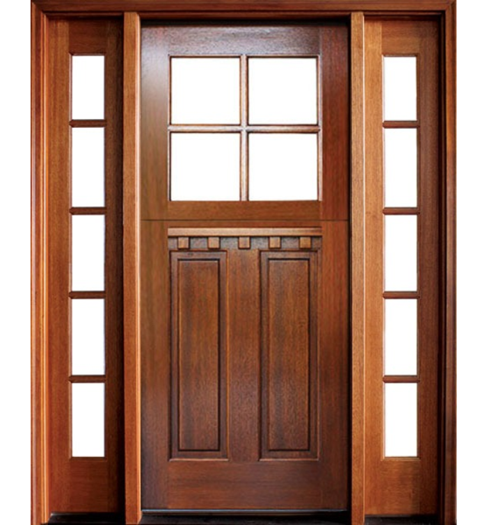 Craftsman Mahogany Single Door with Two Sidelites (4-Lite Square Design)