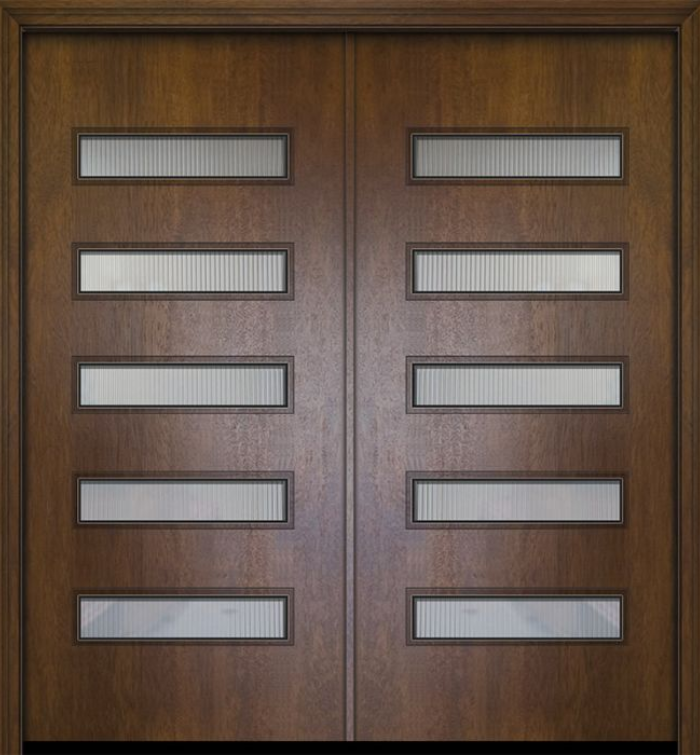Double Beverly Mahogany Contemporary Exterior Door with Textured Glass
