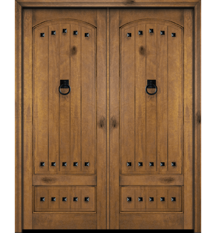 Rustic Old-World Mahogany Arch-Top Double Door with Clavos
