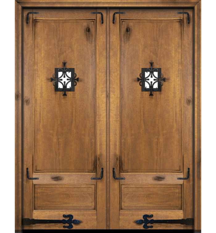 Rustic Old-World Mahogany Double Door with Speakeasy & Corner Straps