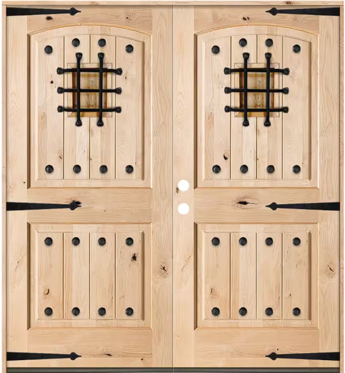 mediterranean-knotty-alder-arch-top-double-prehung-door